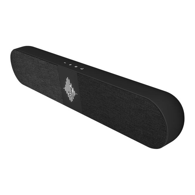 Kundengeschenk Bluetooth Lautsprecher SCX.design S51 – schwarz – mit Logo bedruckt 2x10W Mikrofonfunktion 42x7,2x5,4cm für das Homeoffice