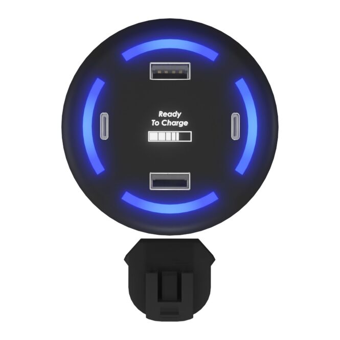 Firmengeschenk Wireless Charger SCX.design H11 – schwarz – mit Logo bedruckt, 4,2 A, 4 Anschlüsse USB/USB-C für das Homeoffice
