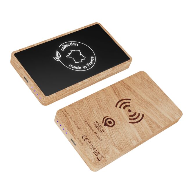 Premium-Werbeartikel Powerbank SCX.design P34 – hellbraun – lasergraviert 5000 mAh kabellos Qi-Standard für das Mitarbeiter-Onboarding