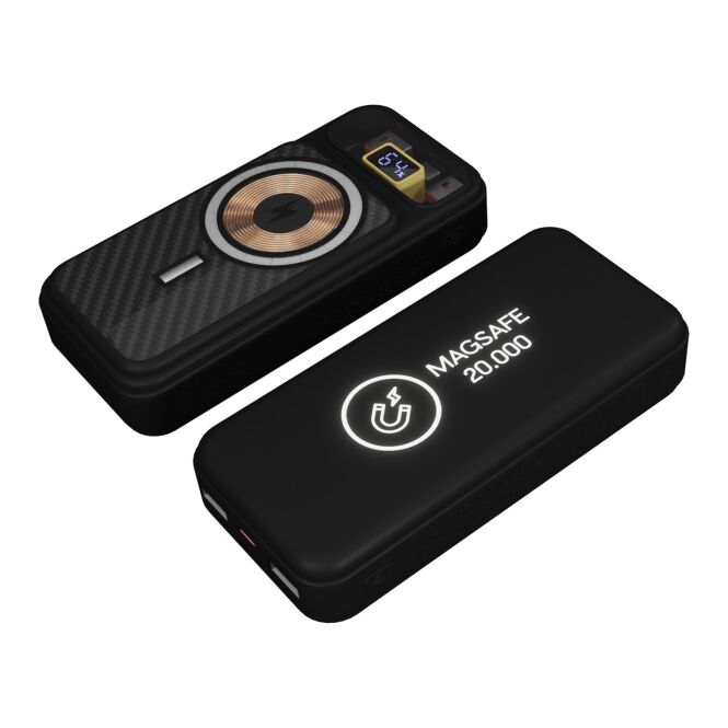 Premium-Werbeartikel Powerbank SCX.design P50 – schwarz – mit Logo bedruckt 20.000 mAh MagSafe nachhaltig für das Mitarbeiter-Onboarding