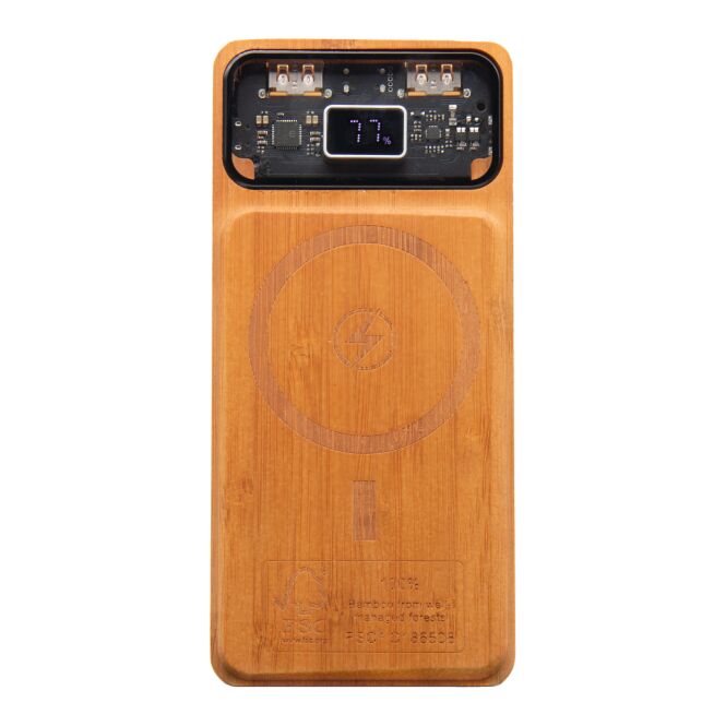 Kundengeschenk Powerbank SCX.design P48 – holz-schwarz – mit Logo bedruckt 48h Express-Druck 10.000 mAh 15W magnetisch für das Mitarbeiter-Onboarding
