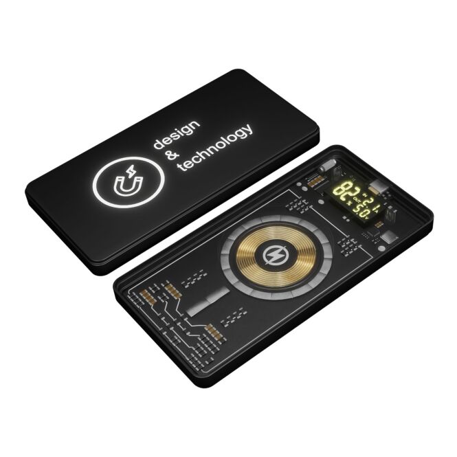 Firmengeschenk Powerbank SCX.design P19 – schwarz – lasergraviert 5000 mAh 5W magnetisch USB-C für das Mitarbeiter-Onboarding nachhaltig