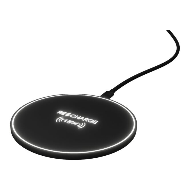 Kundengeschenk Wireless Charger SCX.design W21 – schwarz – mit Logo bedruckt 15W kabelloses 10x7,2cm Ladepad für das Mitarbeiter-Onboarding