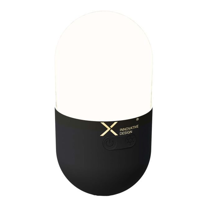 Mitarbeitergeschenk Tischlampe SCX.design F11 Tumble – schwarz – mit Werbedruck dimmbares LED-Licht IP54 für das Homeoffice