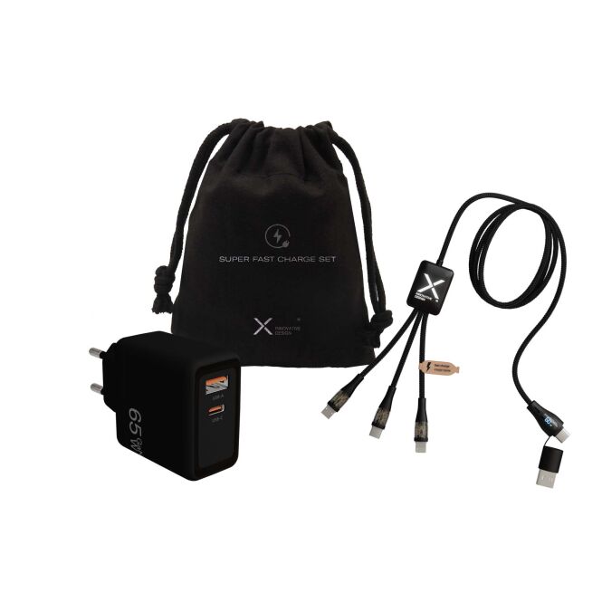 Streuartikel Kabel- und Adapterset SCX.design C55 – schwarz – mit Logo bedruckt 65W GaN PD 60W 5-in-1 rPET nachhaltig für den Büroalltag