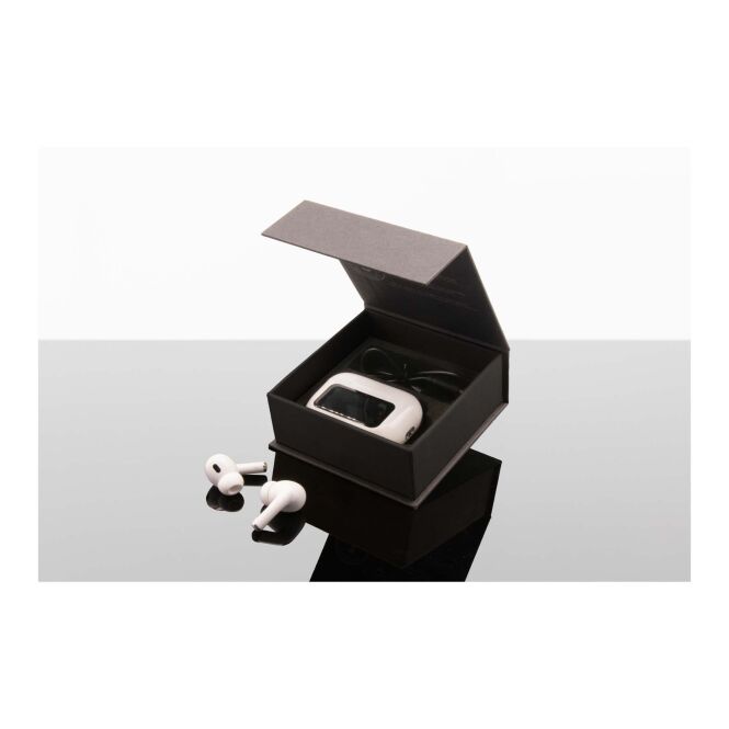 Premium-Werbeartikel SCX.design E26 ANC-Ohrhörer – weiss – mit Logo bedruckt Bluetooth 5.4 ANC Touchscreen-Ladegehäuse für Mitarbeiter-Onboarding