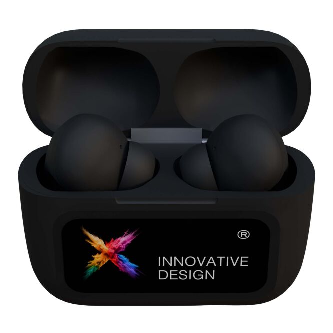 Firmengeschenk SCX.design E26 ANC-Ohrhörer – schwarz – mit Logo bedruckt Bluetooth 5.4 ANC Touchscreen für das Mitarbeiter-Onboarding