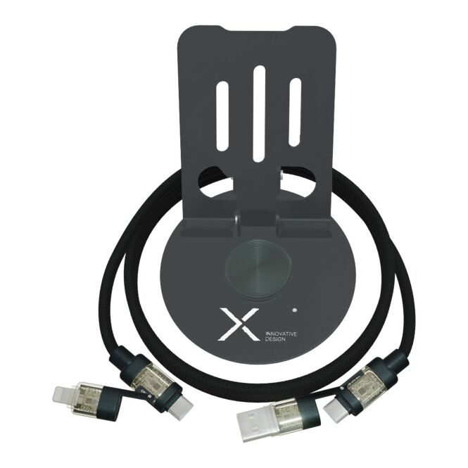 Premium-Werbeartikel SCX.design O34 Smartphonehalterung 4-in-1 Ladekabel – gun metal – lasergraviert 240W USB-C für den Büroalltag