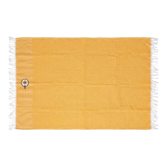 Werbeartikel Fouta Citizen Green Seafou 100 x 170 cm – gelb – mit Logo bedruckt, nachhaltiges Badetuch aus Recyclingmaterial für Strand-Promotions