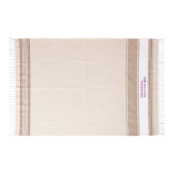 Firmengeschenk Strandtuch Citizen Green Marina 100 x 170 cm – beige – mit Logo bedruckt nachhaltig aus Recyclingmaterial für Outdoor-Events