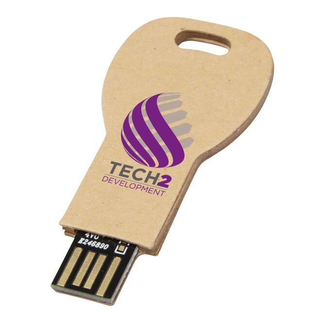 Werbeartikel USB-Stick 2.0 Schlüssel – kraftpapier – mit Logo bedruckt nachhaltig für IT-Messen und Datenschutz-Kampagnen