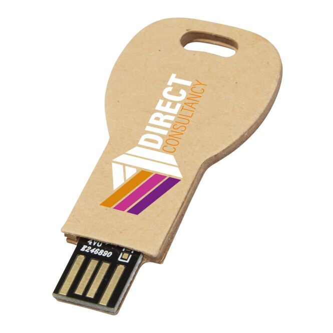 Werbeartikel USB-Stick 2.0 Schlüssel – kraftpapier – mit Logo bedruckt nachhaltig für IT-Messen