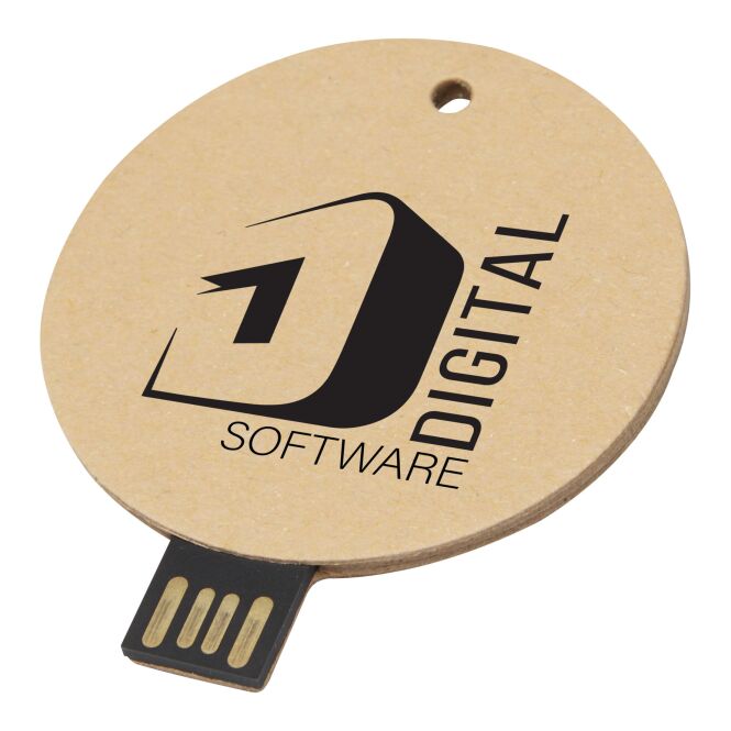 Werbeartikel USB-Stick rund aus nachhaltigem recyceltem Papier – kraftpapier – mit Logo bedruckt für IT-Messen und Datenschutz-Kampagnen