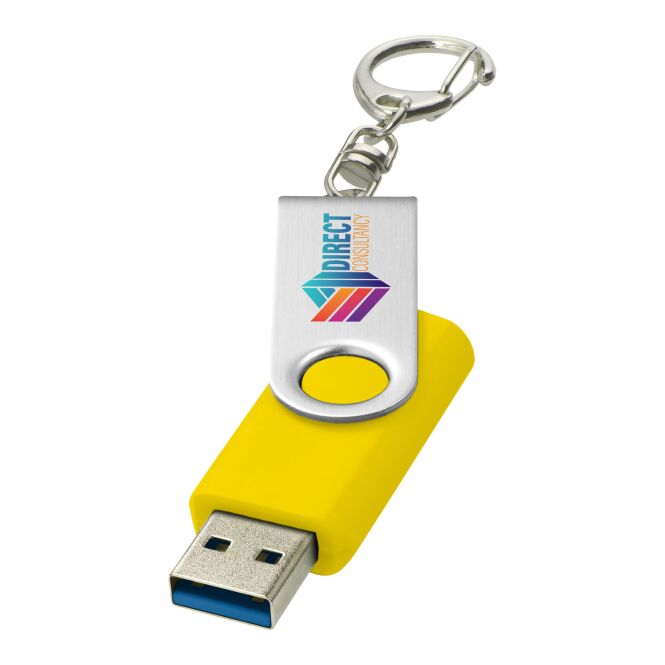 Werbeartikel Rotate USB-Stick 3.0 mit Schlüsselanhänger – gelb – mit Logo bedruckt für IT-Messen und Datentransfers