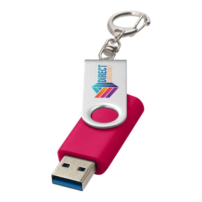 Werbeartikel Rotate USB-Stick 3.0 mit Schlüsselanhänger – magenta – mit Logo bedruckt für IT-Messen