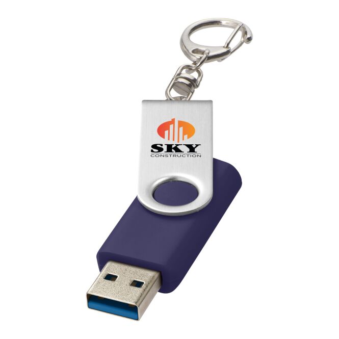 Werbeartikel Rotate USB-Stick 3.0 mit Schlüsselanhänger – blau – mit Logo bedruckt für IT-Messen