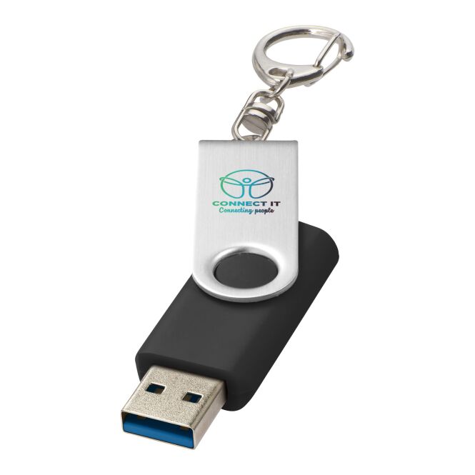 Mitarbeitergeschenk Rotate USB-Stick 3.0 mit Schlüsselanhänger – schwarz – lasergraviert für die Büroausstattung