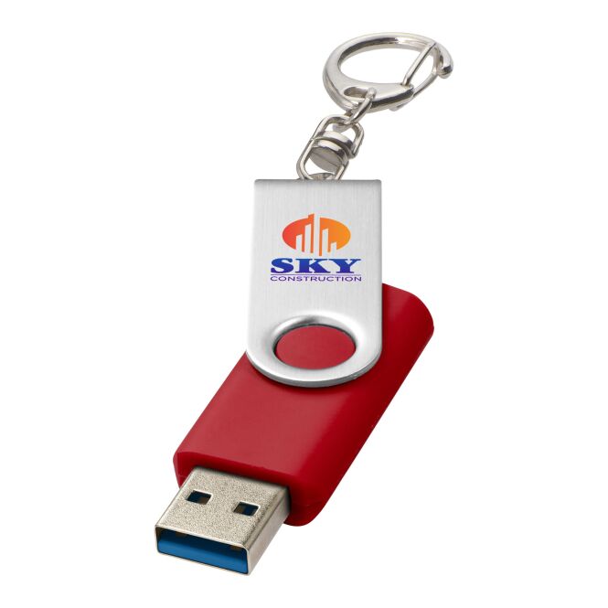 Werbeartikel Rotate USB-Stick 3.0 mit Schlüsselanhänger – mittelrot – mit Logo bedruckt für IT-Messen