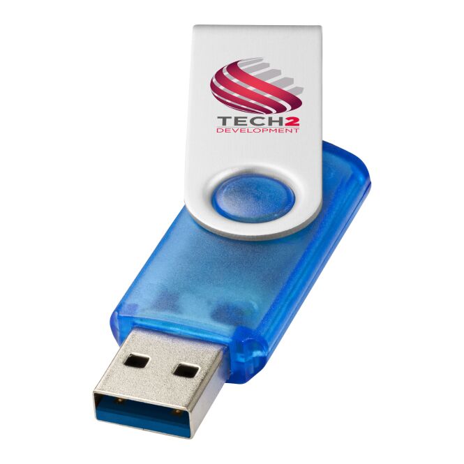 Werbeartikel Rotate USB-Stick 3.0 – blau – mit Logo bedruckt für IT-Messen und als Giveaway für Datenschutz-Kampagnen