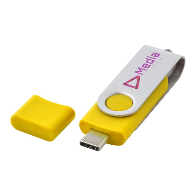 Werbeartikel OTG Rotate USB-Stick OTG Typ-C – gelb – mit Logo bedruckt für IT-Messen und Datentransfer