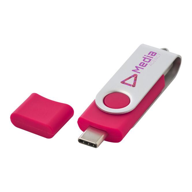 Werbeartikel OTG Rotate USB-Stick OTG – magenta – bedruckbar mit Typ-C Anschluss für Smartphones für Datenschutz-Kampagnen