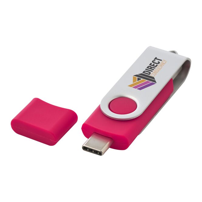 Werbeartikel OTG Rotate USB-Stick Typ-C – magenta – mit Logo bedruckt für IT-Messen und Speichererweiterung am Smartphone