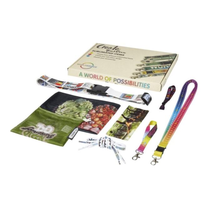Firmengeschenk Musterbox 100% rPET – mehrfarbig – mit Logodruck, 14-tlg Set aus Europa, nachhaltiges Werbeset für CSR-Promotions