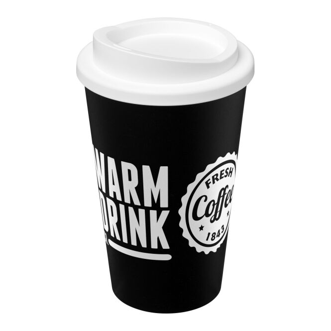 Firmengeschenk Thermobecher Americano® – schwarz-weiss – mit Logo bedruckt 350 ml für das Mitarbeiter-Onboarding