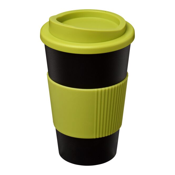 Werbeartikel Thermobecher Americano® – schwarz-limone – mit Logodruck 350 ml für die Büroküche