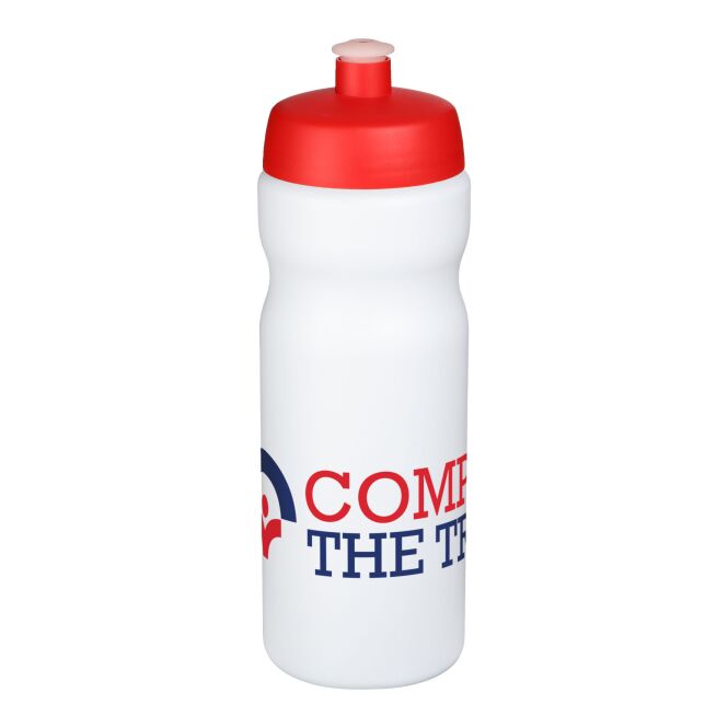 Sport-Werbemittel Sportflasche Baseline® Plus – weiss-rot – mit Logo bedruckt 650 ml HDPE-Kunststoff auslaufsicher für Sportevents