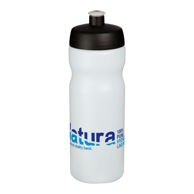 Sport-Werbemittel Sportflasche Baseline® Plus – weiss-schwarz – mit Logo bedruckt 650 ml HDPE Kunststoff auslaufsicher für Sportevents