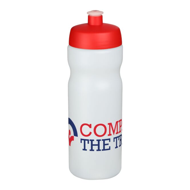 Sport-Werbemittel Baseline Plus Sportflasche – weiss-rot – mit Logo bedruckt 650 ml HDPE Kunststoff auslaufsicher für Sportevents