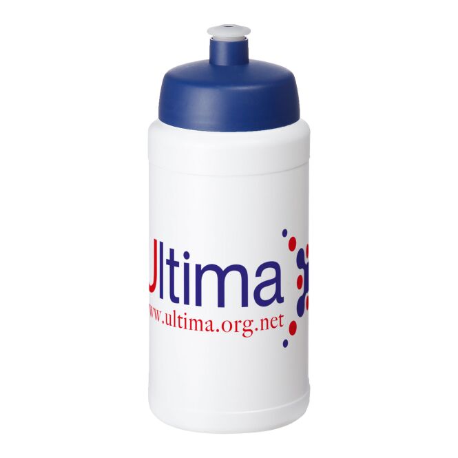 Sport-Werbemittel Trinkflasche Baseline® Plus – weiss-blau – mit Logo bedruckt 500 ml Kunststoff auslaufsicher für Sportevents & Turniere