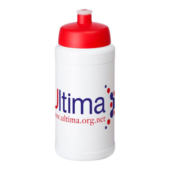 Sport-Werbemittel Trinkflasche Baseline® Plus – weiss-rot – mit Logo bedruckt 500 ml Kunststoff auslaufsicher für Sportevents & Turniere
