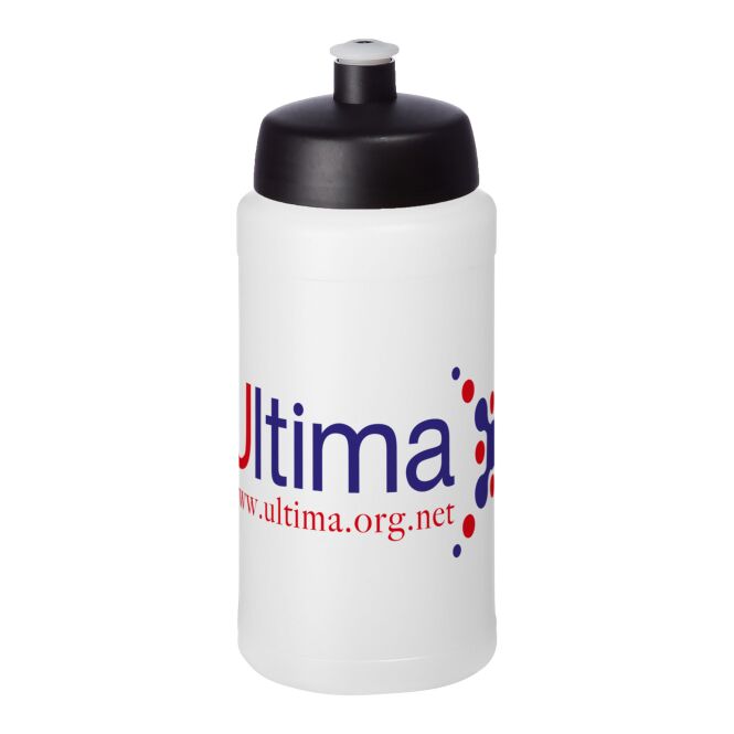Sport-Werbemittel Baseline® Plus – weiss-schwarz – mit Logo bedruckt 500 ml Kunststoff-Sportflasche auslaufsicher für Sportevents & Turniere
