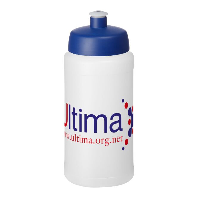 Sport-Werbemittel Sportflasche Baseline® Plus – weiss-blau – mit Logo bedruckt 500 ml Kunststoff auslaufsicher für Sportevents & Turniere