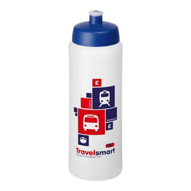 Sport-Werbemittel Sportflasche Baseline® Plus grip – weiss-blau – mit Logo bedruckt 750 ml auslaufsicher für Sportevents & Turniere