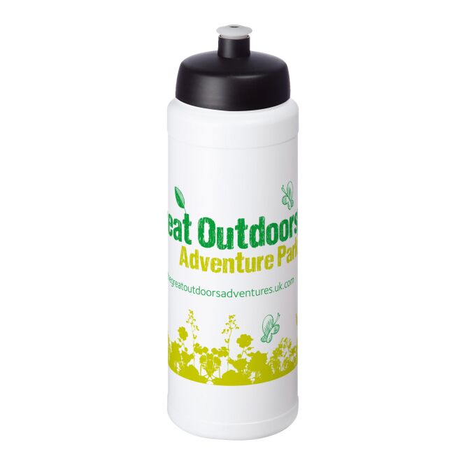 Sport-Werbemittel Trinkflasche Baseline Plus – weiss-schwarz – mit Logo bedruckt 750 ml HDPE Kunststoff auslaufsicher für Sportevents