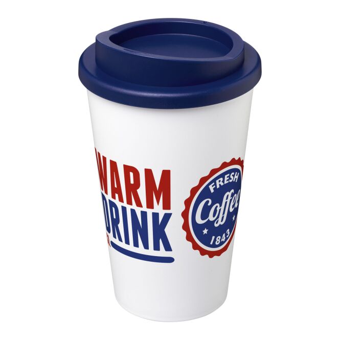 Werbeartikel Americano Thermobecher – blau-weiss – mit Logo bedruckt 350 ml nachhaltiger Kaffee to go Becher für das Mitarbeiter-Onboarding