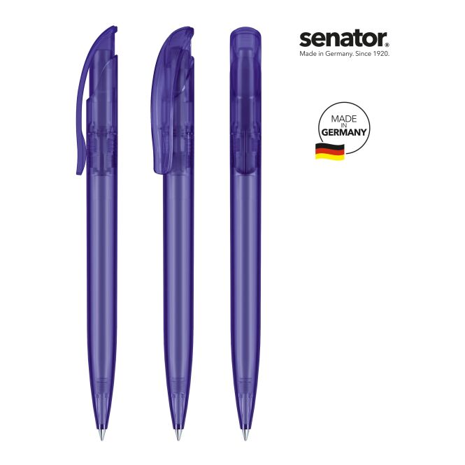 Werbeartikel senator Challenger Frosted Druckkugelschreiber – violett – mit Logo bedruckt, blau schreibend für den Büroalltag