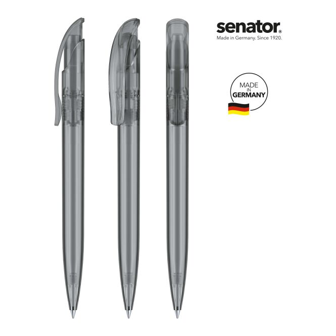 Werbeartikel Senator Challenger Frosted Druckkugelschreiber – anthrazit – mit Logo bedruckt, blau schreibend für den Büroalltag
