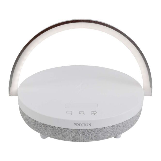 Premium-Werbeartikel Prixton 10W 4-in-1 Bluetooth Lautsprecher – weiss – mit Logo bedruckt 48h Express-Druck Qi-Standard für das Homeoffice