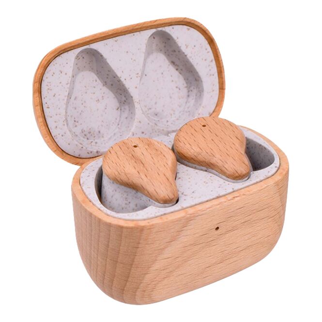 Premium-Werbeartikel Bluetooth Kopfhörer Prixton TWS163 – holz – mit Logo bedruckt 48h Express-Druck 6h Akku Bluetooth 5.0 ENC für Homeoffice