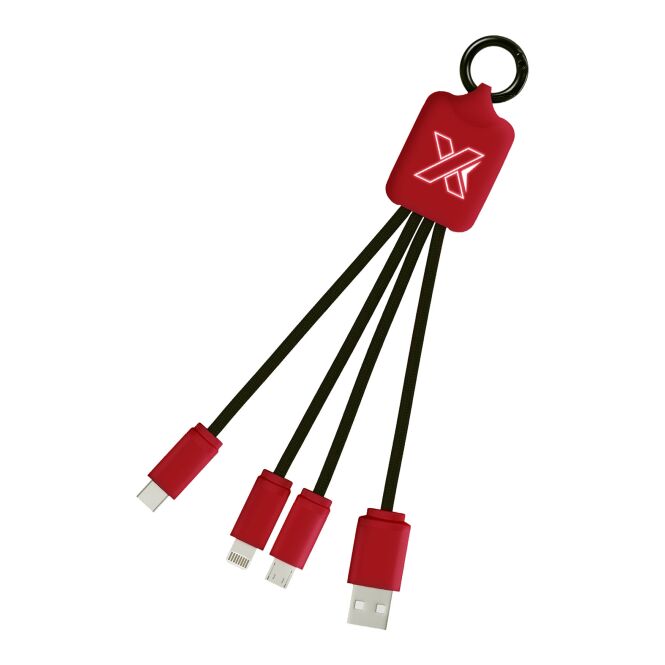Werbeartikel SCX.design C15 Quatro Ladekabel – mid red-schwarz – mit Logo bedruckt 48h Express-Druck recycelt 3-in-1 USB-C 10 cm für Büroalltag