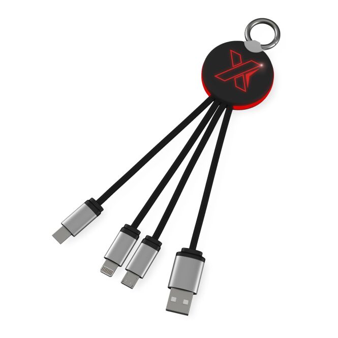 Werbeartikel SCX.design C16 3-in-1 Ladekabel – rot-schwarz – mit Logo bedruckt 48h Express-Druck nachhaltig recycelt 10cm für den Büroalltag