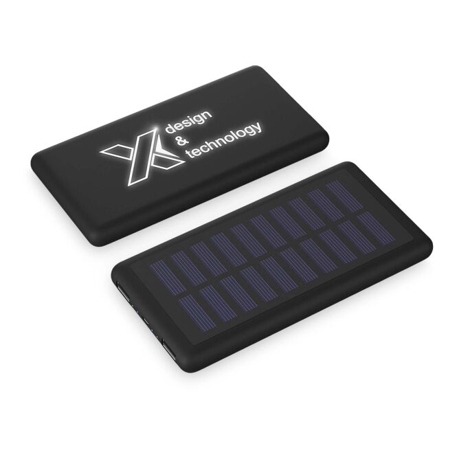 Premium-Werbeartikel Solar Powerbank SCX.design P30 – schwarz – mit Logo bedruckt 48h Express-Druck 8000 mAh nachhaltig für das Homeoffice