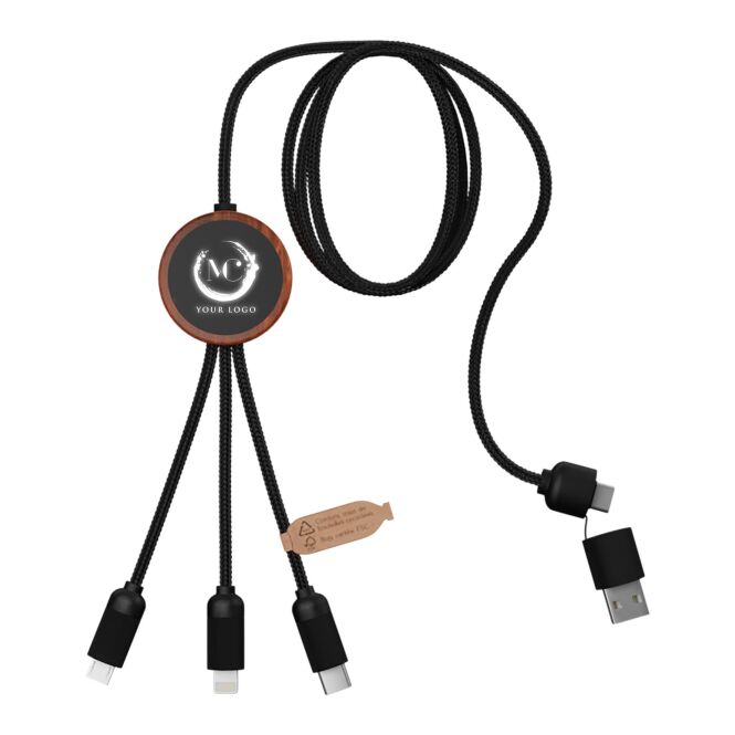 Werbeartikel 3-in-1 Ladekabel SCX.design C37 – holz – mit Logo bedruckt 48h Express-Druck rPET nachhaltig 1m für den Büroalltag