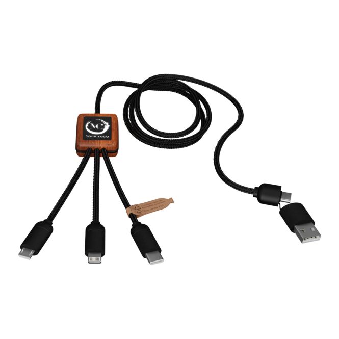 Werbeartikel SCX.design C38 3-in-1 Ladekabel – schwarz-holz – mit Logo bedruckt 48h Express-Druck nachhaltiges rPET-Kabel 1m für Büroalltag