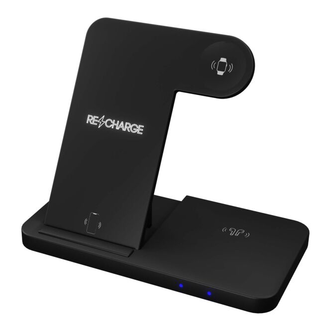 Premium-Werbeartikel Wireless Charger SCX.design W28 – schwarz – mit Logo bedruckt 48h Express-Druck 15W 3-in-1 nachhaltig für das Homeoffice