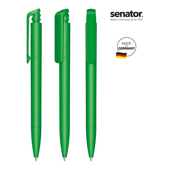Werbeartikel senator Trento Matt Recycled – grün – mit Logo bedruckt, 1,0 mm Druckkugelschreiber blau schreibend für den Büroalltag